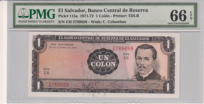 El Salvador 1 Colon 1972 Pick 115a PMG Gem UNC 66 EPQ