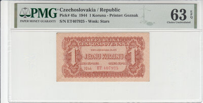 Czechoslovakia 1 Koruna 1944 Pick 45a PMG 63 EPQ