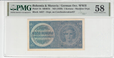 Bohemia & Moravia 1 Koruna ND1939 Pick 1b PMG Choice About UNC 58