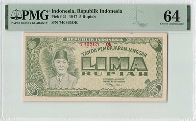 Indonesia 5 Rupiah 1947 Pick 21 PMG Choice UNC 64
