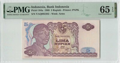 Indonesia 5 Rupiah 1968 Pick 104a PMG Gem UNC 65 EPQ