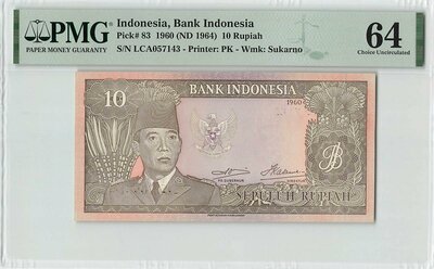 Indonesia 10 Rupiah 1960 Pick 83 PMG Choice UNC 64