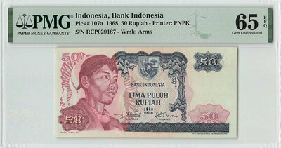 Indonesia 50 Rupiah 1968 Pick 107 PMG Gem UNC 65