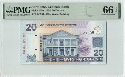 Suriname 20 Dollars 2004 Pick 159a PMG Gem UNC 66 EPQ