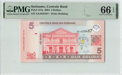 Suriname 5 Dollars 2004 Pick 157a PMG Gem UNC 66 EPQ