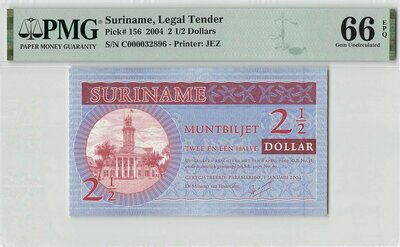 Suriname 2½ Dollars 2004 Pick 156 PMG Gem UNC 66 EPQ