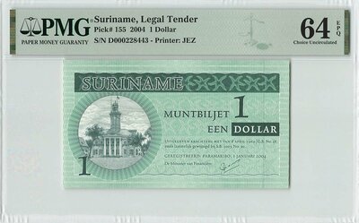 Suriname 1 Dollar 2004 Pick 155 PMG Choice UNC 64 EPQ