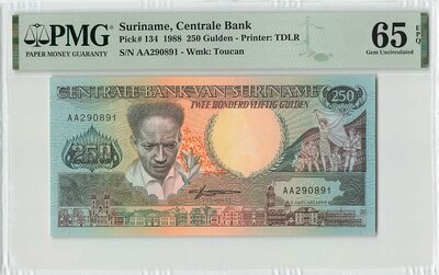 Suriname 250 Gulden 1988 Pick 134 PMG Gem UNC 65 EPQ