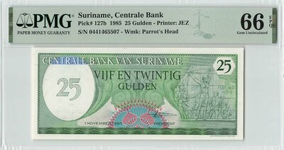 Suriname 25 Gulden 1985 Pick 127b PMG Gem UNC 66 EPQ