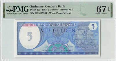 Suriname 5 Gulden 1982 Pick 125 PMG Superb Gem UNC 67 EPQ