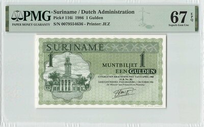 Suriname 1 Gulden 1986 Pick 116i PMG Superb Gem UNC 67 EPQ