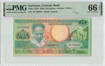 Suriname 25 Gulden 1988 Pick 132b PMG Gem UNC 66 EPQ