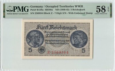 Germany 5 Reichsmark 1940 Pick 138a PMG Choice About UNC 58 EPQ