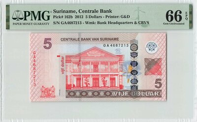 Suriname 5 Dollar 2012 Pick 162b PMG Gem UNC 66 EPQ