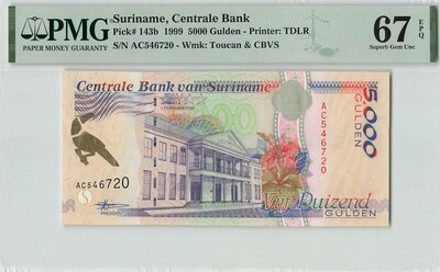 Suriname 5000 Gulden 1999 Pick 143b PMG Superb Gem UNC 67 EPQ