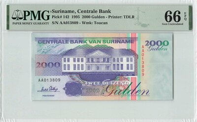 Suriname 2000 Gulden 1995 Pick 142 PMG Gem UNC 66 EPQ