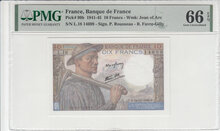 FRANCE P.99b - 10 Francs 1942 PMG 66 EPQ