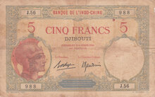 FRENCH SOMALILAND P.6b - 5 Francs ND 1926-38 Fine