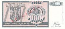 BOSNIA HERCEGOVINA P.137s - 1000 Dinara 1992 Specimen UNC