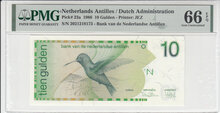 NETHERLANDS-ANTILLES-P.23a-10-Gulden-1986-PMG-66-EPQ