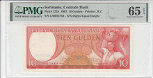 SURINAME-P.121b-10-Gulden-1963-PMG-65-EPQ
