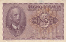 ITALY P.28 - 5 Lire 1940; 1944 VF stain