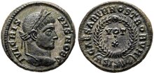 Crispus. Caesar, AD 316-326. Æ Follis 18mm, 2.99 g. Siscia Wreath