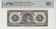 MEXICO-P.60h-5-Pesos-1963-PMG-66-EPQ