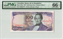 COLOMBIA P.418a - 100 Pesos Oro 1977 PMG 66 EPQ