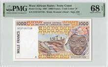WEST AFRICAN STATES P.111Ag - 1000 Francs 1997 Ivory Coast PMG 68 EPQ TOP POP