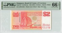 SINGAPORE P.27 - 2 Dollars 1991 PMG 66 EPQ