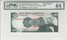 VENEZUELA P.53s1 - 20 Bolivares 1974 Specimen PMG 64