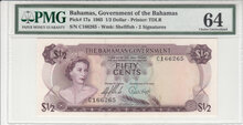 BAHAMAS P.17a - 1/2 Dollar 1965 PMG 64