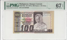 MADAGASCAR P.63a - 100 Francs ND 1974 PMG 67 EPQ