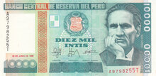 PERU P.140 - 10.000 Intis 1988 UNC