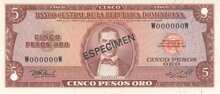 DOMINICAN REPUBLIC P.109s - 5 Pesos Oro 1976 Specimen UNC