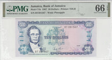 JAMAICA-P.71b-10-Dollars-1987-PMG-66-EPQ