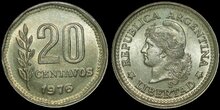 ARGENTINA KM.67 - 20 Centavos 1976 UNC