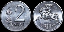 LITHUANIA KM.86 - 2 Centai 1991 UNC
