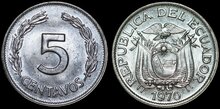ECUADOR KM.75c - 5 Centavos 1970 UNC