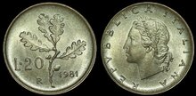 ITALY KM.97.2 - 20 Lire 1981 UNC