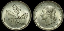 ITALY KM.97.2 - 20 Lire 1980 UNC