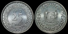 SURINAME KM.14 -  25 Cents 1989 UNC