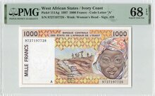 West African States 1000 Francs 1997 Ivory Coast Pick 111Ag PMG Superb Gem UNC 68 EPQ TOP POP Obverse