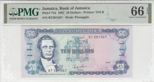 Jamaica 10 Dollars 1987 Pick 71b PMG Gem UNC 66 EPQ Obverse