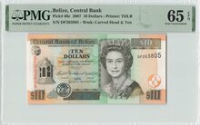 Belize 10 Dollars 2007 Pick 68c PMG Gem UNC 65 EPQ Obverse