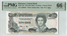 Bahamas ½ Dollar 1974 Pick 42a PMG Gem UNC 66 EPQ Obverse