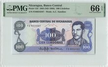 Nicaragua 100 Cordobas 1985 Pick 154 PMG Gem UNC 66 EPQ Obverse
