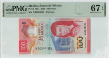 Mexico 100 Pesos 2020 Polymer Pick 131a PMG Superb Gem UNC 67 EPQ Obverse