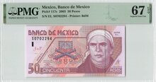 Mexico 50 Pesos 2003 Pick 117c PMG Superb Gem UNC 67 EPQ TOP POP Obverse